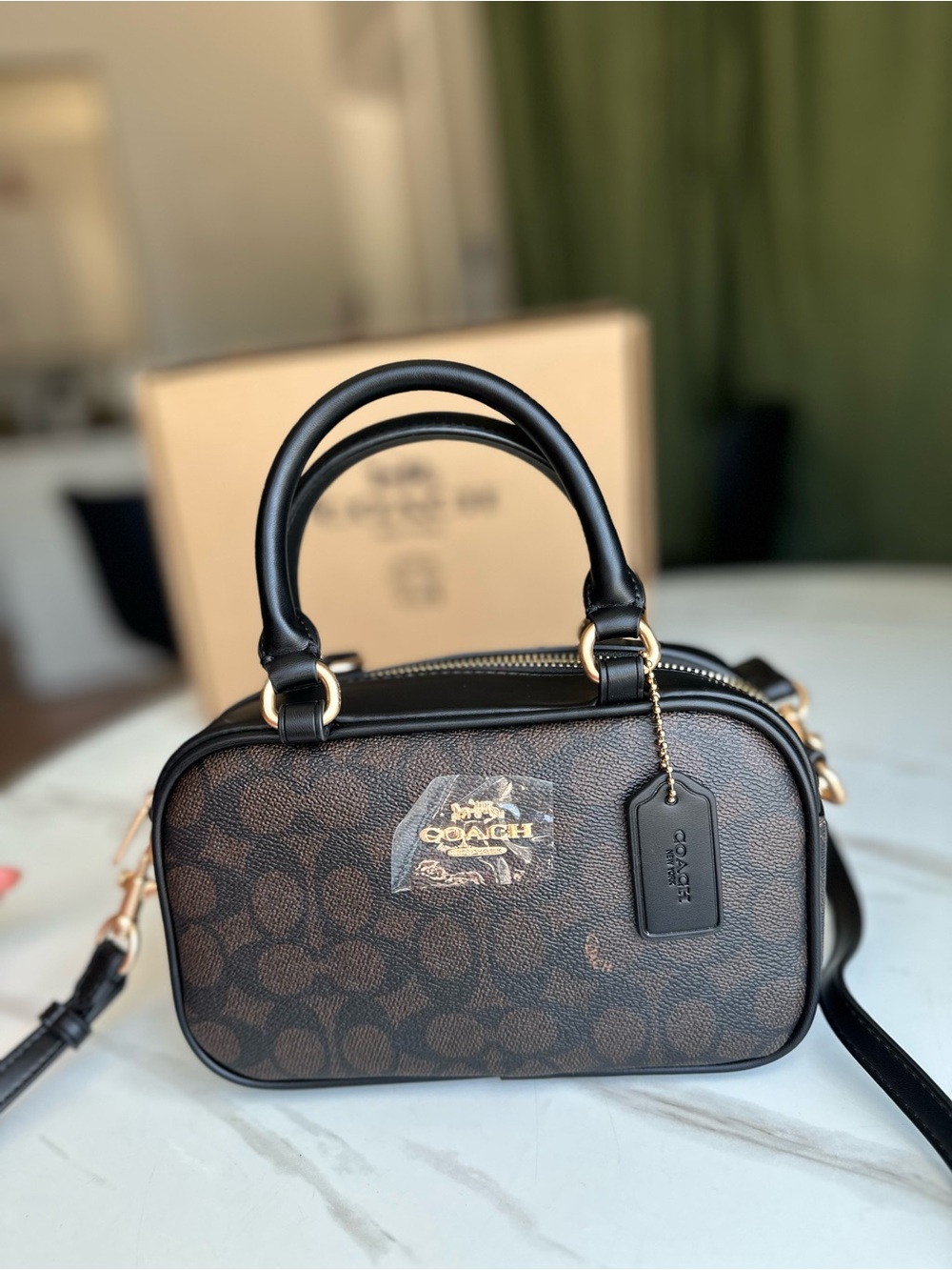Coach Brown & Black Signature Mini Satchel with Gold Hardware